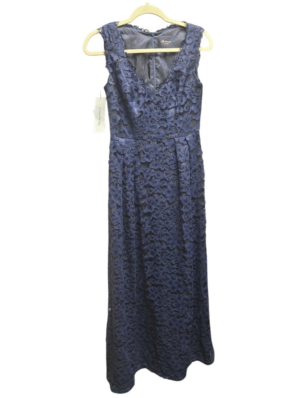 Shoshanna Midnight Navy Blue Floral Lace V-Neck Gown – Size 2 (Made in USA)